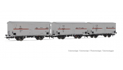 Rivarossi 6605 FS, 3-unit pack refrigerated wagons Hgb 2-axles (2 without brakeman s cab, 1 with), silver, red stripe, ep. III