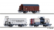 TILLIG 1817 Güterwagenset der BDZ, DRG und CSD, bestehend aus einem gedeckten Güterwagen der BDZ, einem Kühlwagen der DRG und einem Kesselwa
