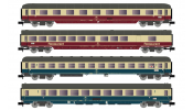 ARNOLD 4265 DB, 4-tlg. Set Reisezuwagen in rot bzw. blau/beiger Lackierung, bestehend aus: 1 x Apmz, 1 x WRm, 1 x Bm und 1 x Bpmz, Ep. IV