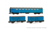 ARNOLD 4457  RENFE, 3-unit set   Tajo de Vía  , type 5000 coach + 2 x J3 wagons, blue livery, ep. IV-V 