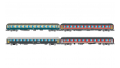 Rivarossi 4375 FS/DB, 4-unit pack 2 Italien-Holland-Express, DB Bcm 243 blue/beige, FS UIC-X 2nd cl. red-grey, FS UIC-X 2nd cl. grey + FS UIC-X  68 couchette, V