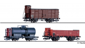 TILLIG 1031 Güterwagenset, UWHJ, PKP und CSD, bestehend aus einem gedeckten Güterwagen, UWHJ, einem Kesselwagen, PKP und einem offenen Güterwagen, CSD, II