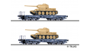 TILLIG 1801 Güterwagenset der DR, bestehend aus zwei Schwerlastwagen SSyms, beladen mit Panzer T34/85, Ep. III